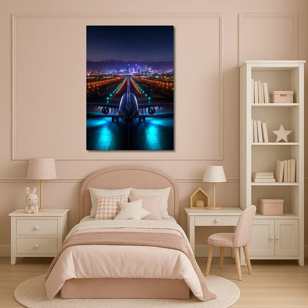 Airplane On Runway City Skyline Night – Wall Art