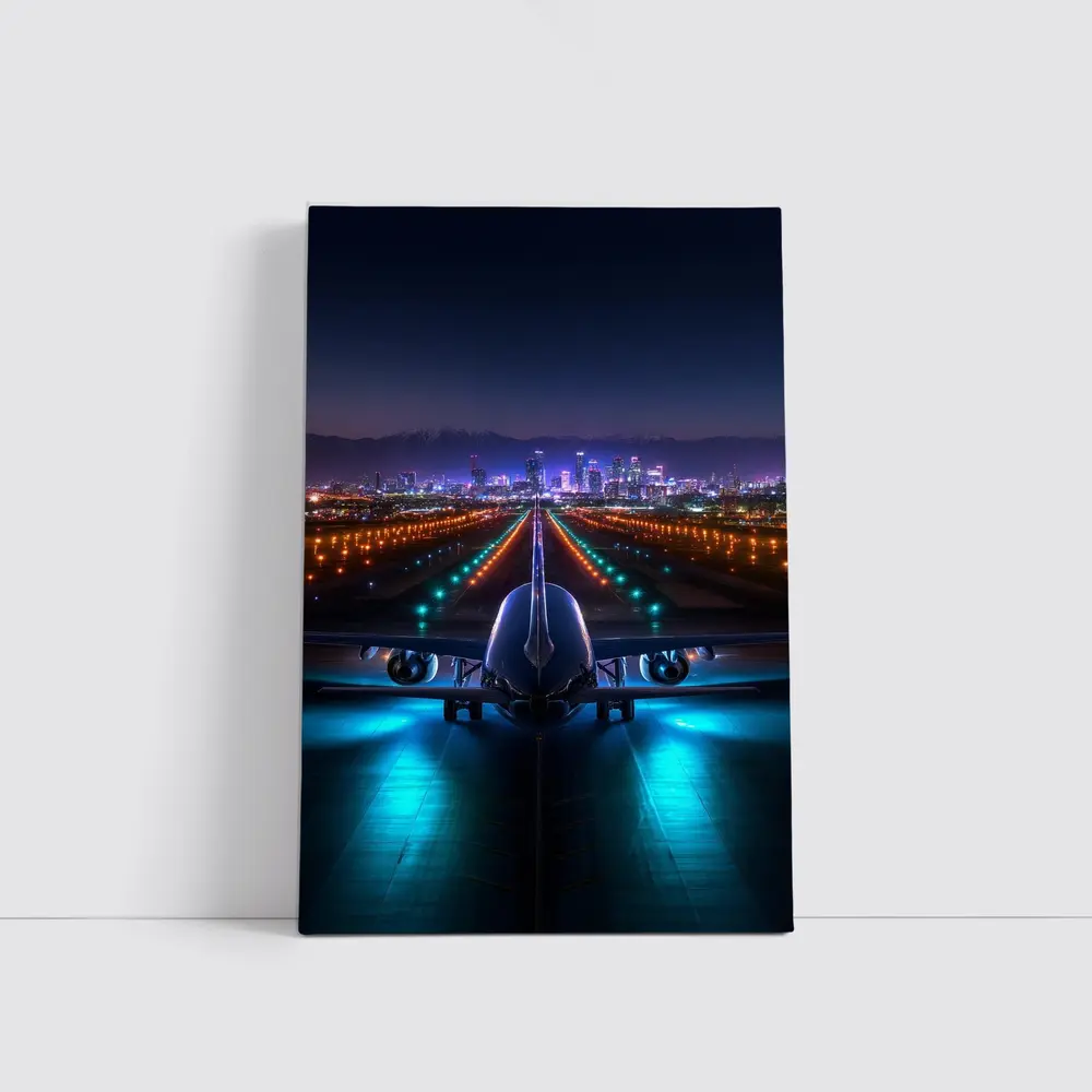 Airplane On Runway City Skyline Night – Wall Art