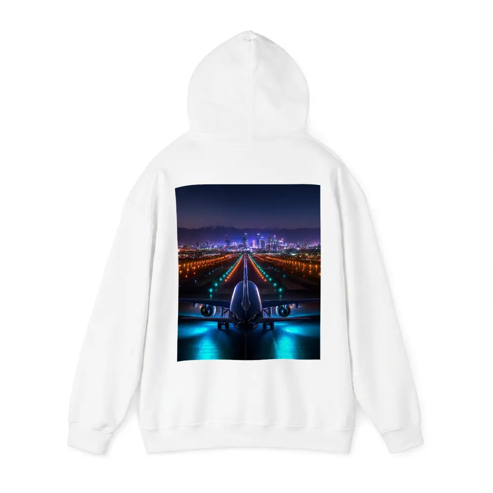 Airplane On Runway City Skyline Night – Hoodies