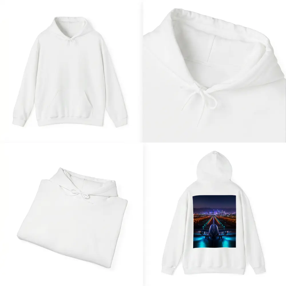 Airplane On Runway City Skyline Night – Hoodies