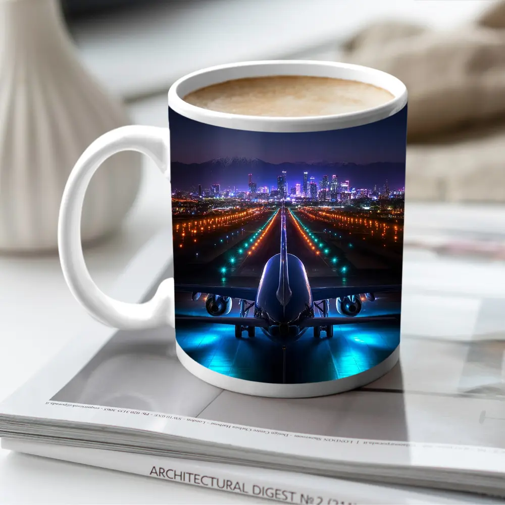 Airplane On Runway City Skyline Night – Mugs