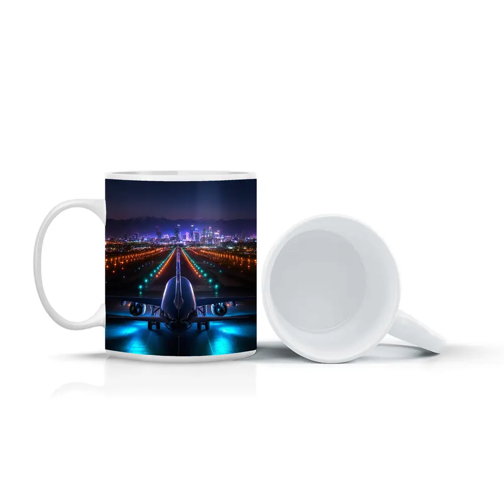 Airplane On Runway City Skyline Night – Mugs