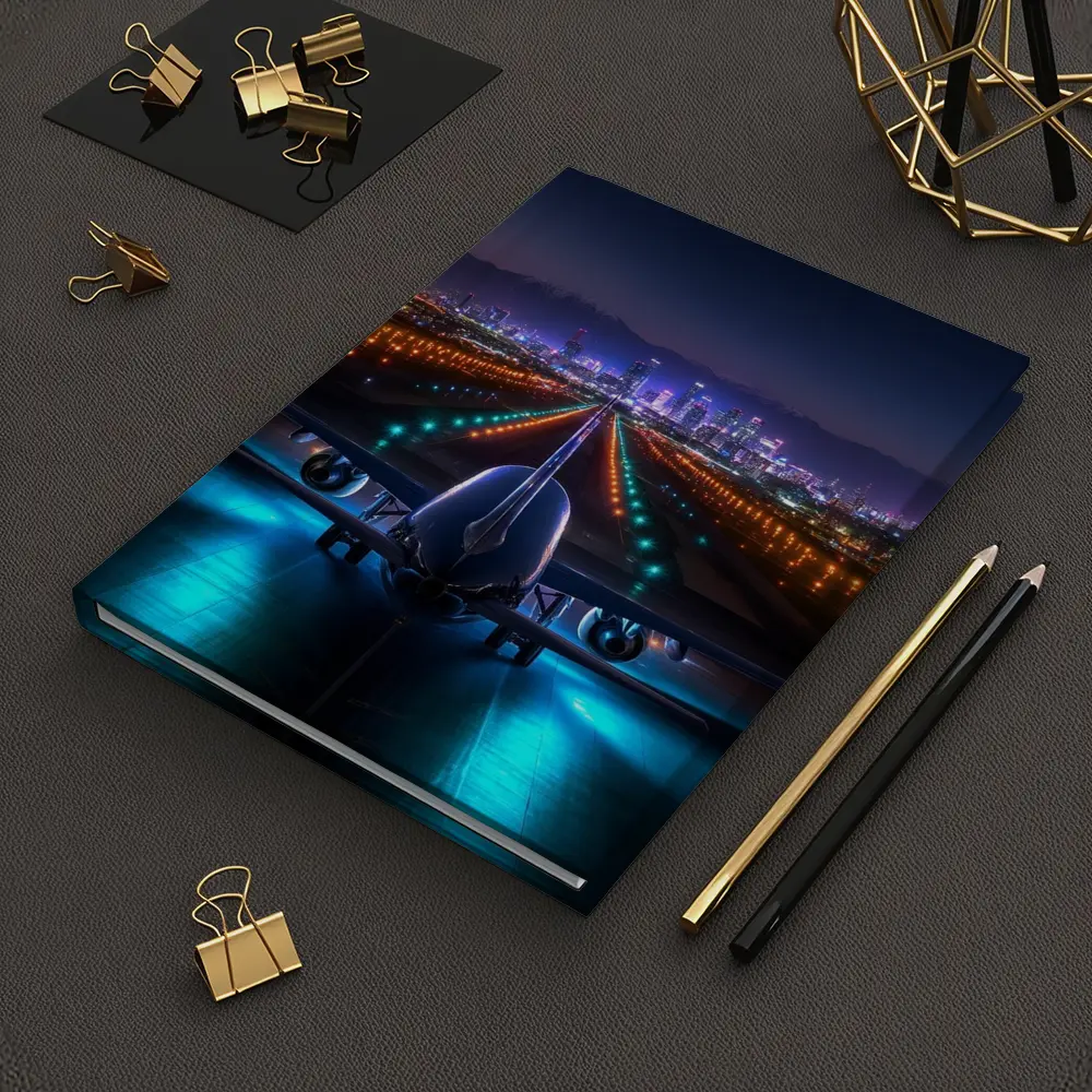 Airplane On Runway City Skyline Night – Notebooks