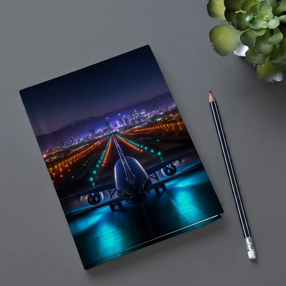 Airplane On Runway City Skyline Night – Notebooks