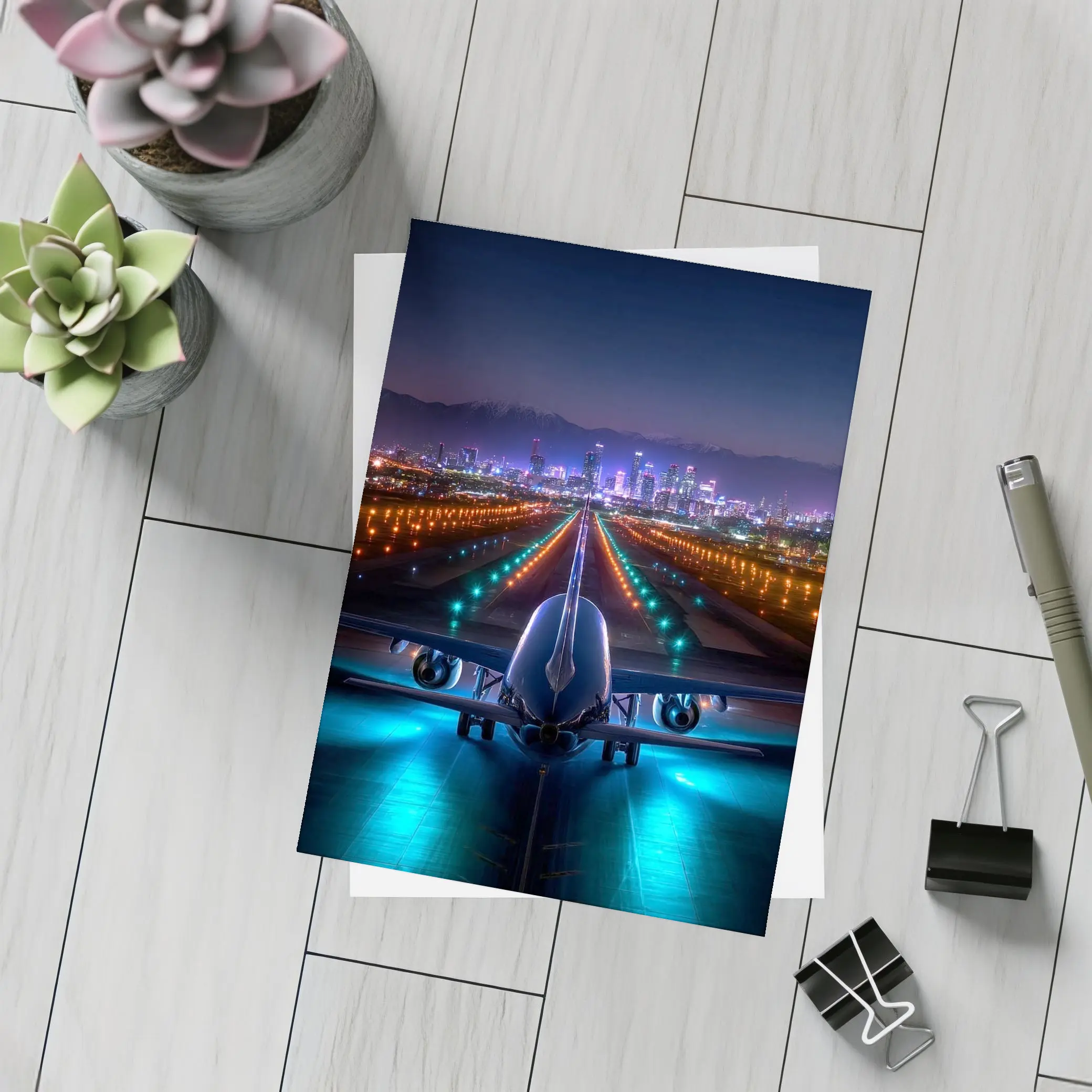 Airplane On Runway City Skyline Night – Postcards