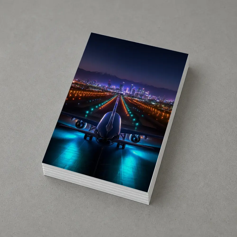 Airplane On Runway City Skyline Night – Postcards