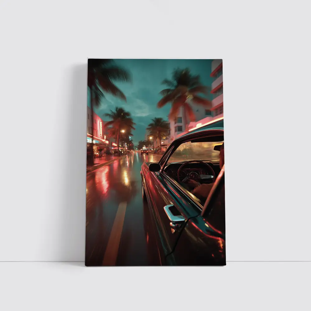 Classic Car Cruising Rainy Miami Night Street – Wall Art