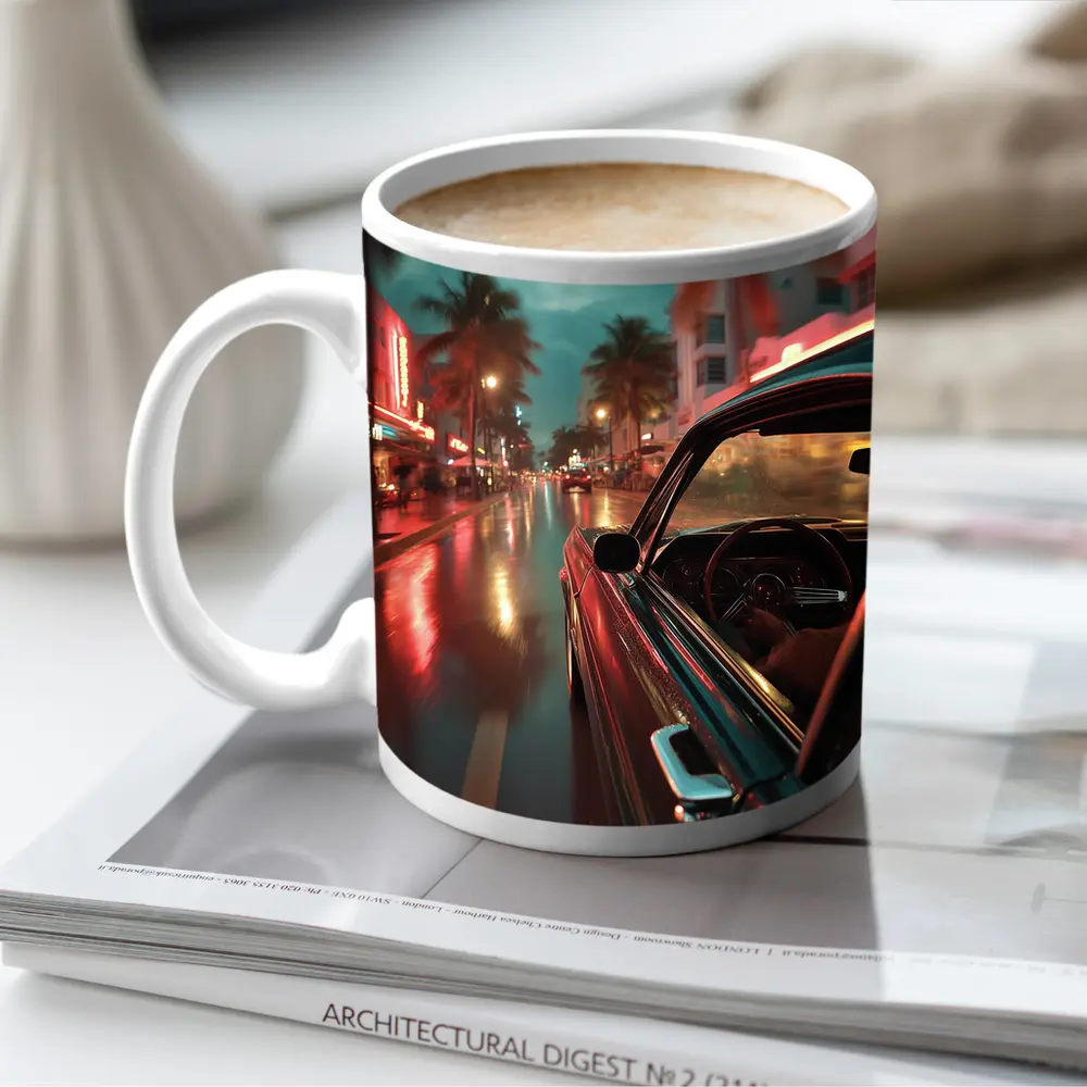 Classic Car Cruising Rainy Miami Night Street – Mugs