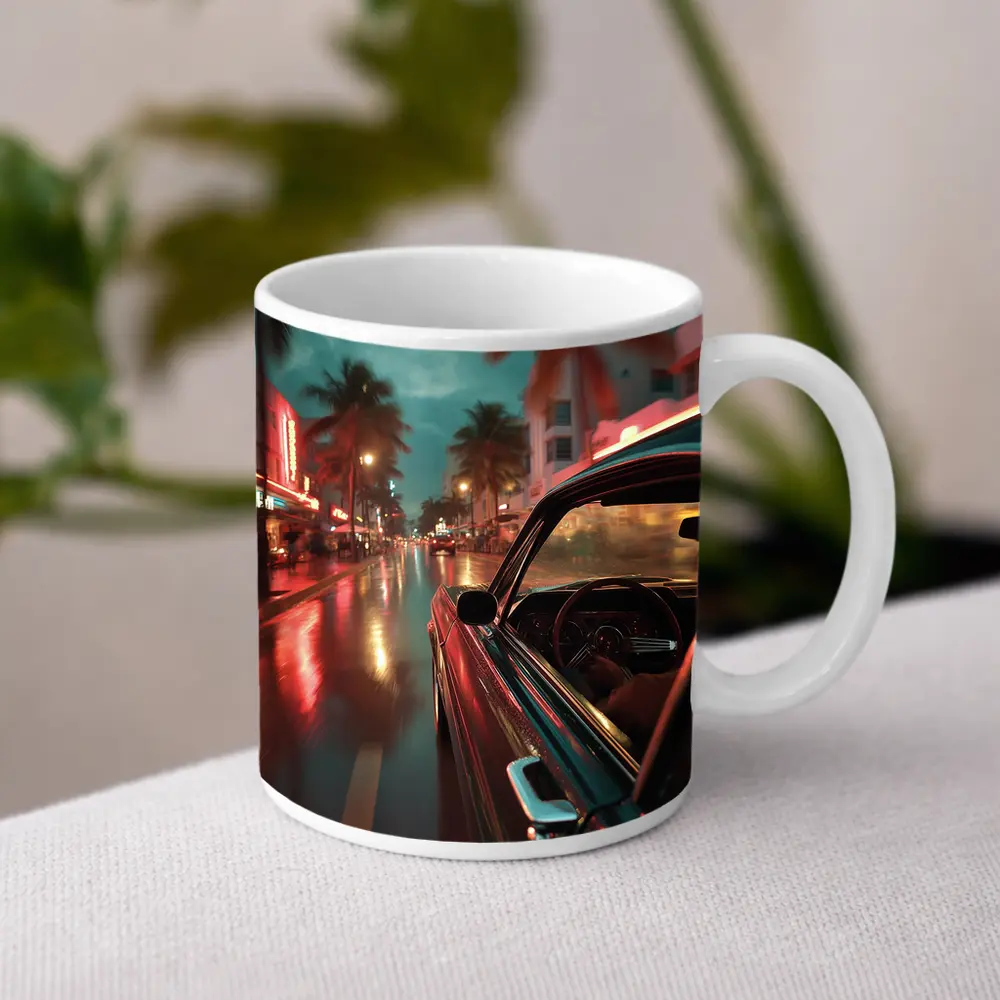Classic Car Cruising Rainy Miami Night Street – Mugs