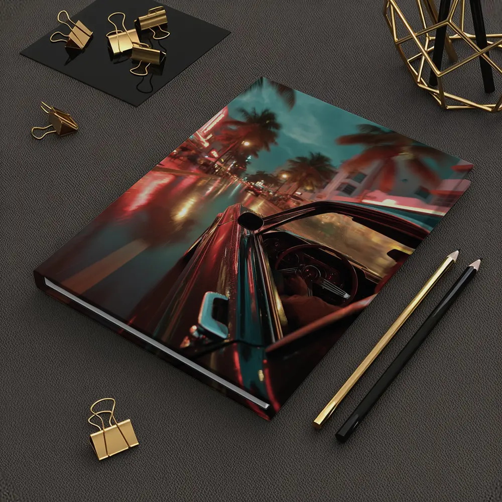 Classic Car Cruising Rainy Miami Night Street – Notebooks