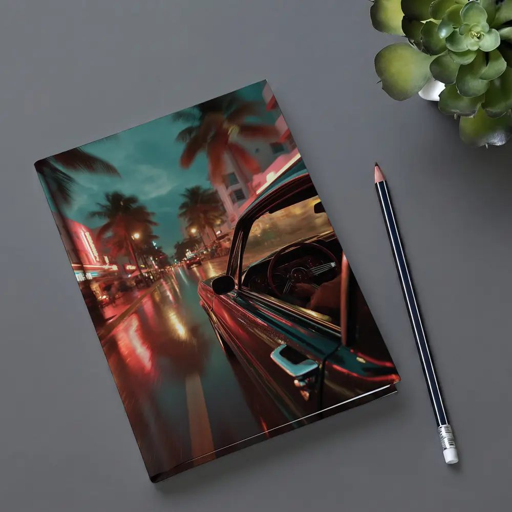 Classic Car Cruising Rainy Miami Night Street – Notebooks