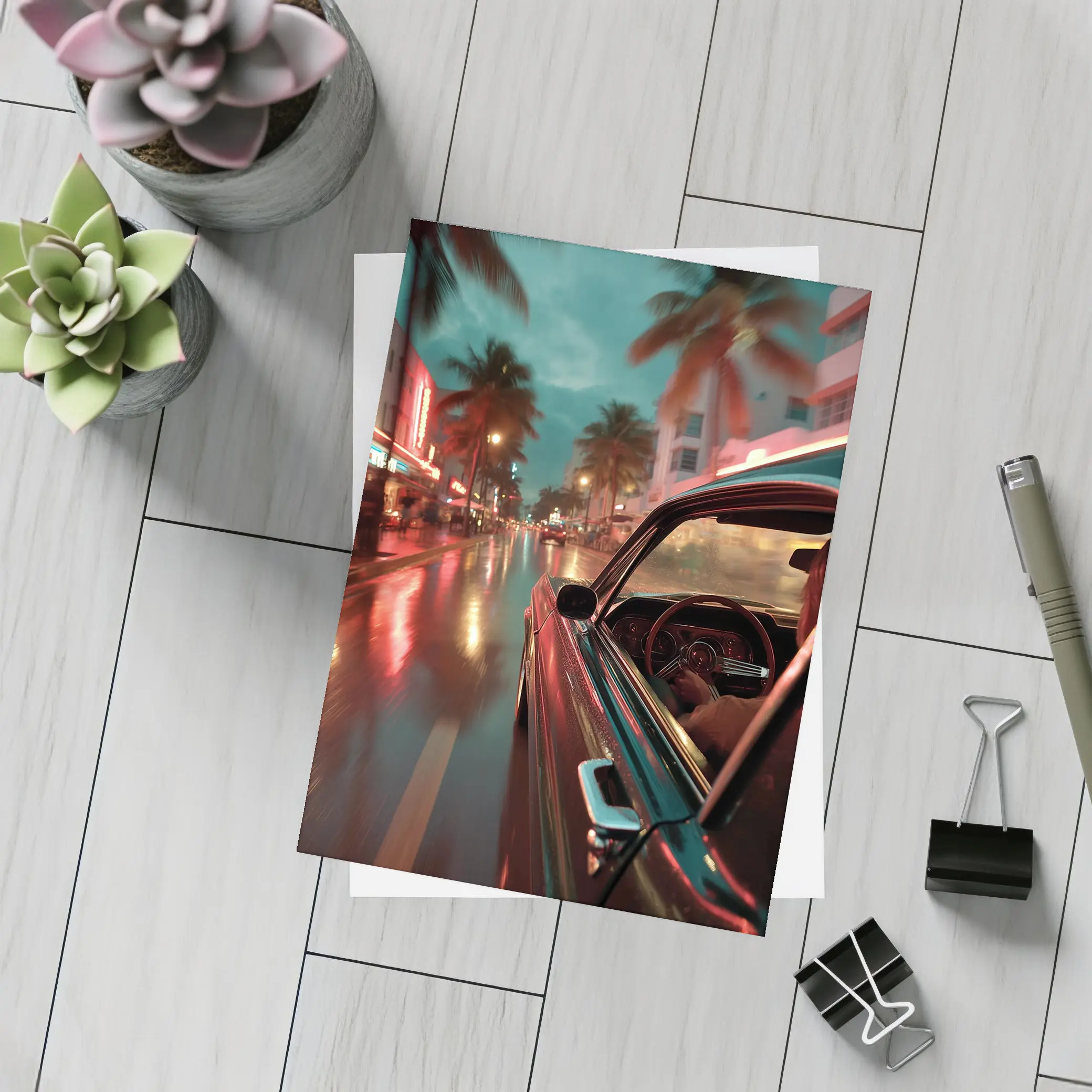 Classic Car Cruising Rainy Miami Night Street – Postcards