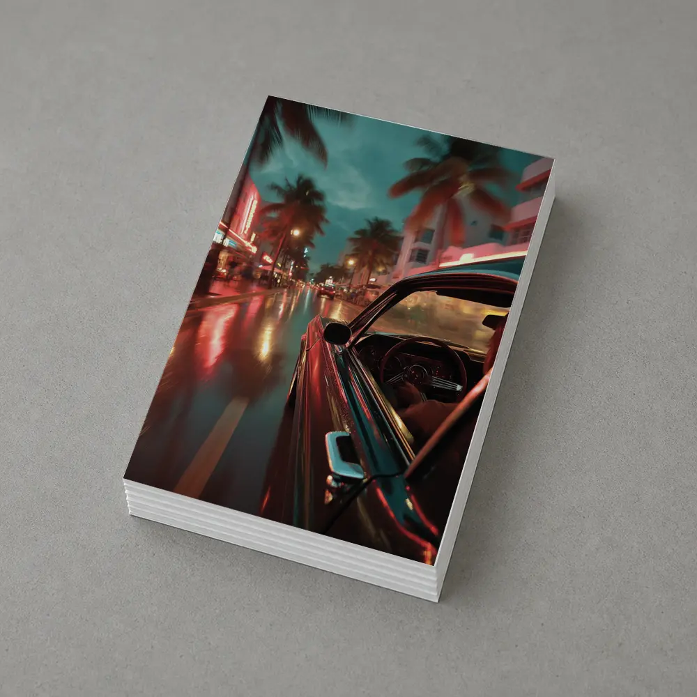 Classic Car Cruising Rainy Miami Night Street – Postcards