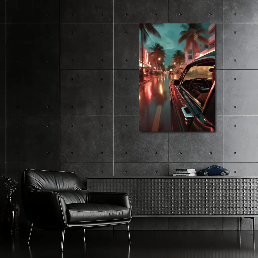 Classic Car Cruising Rainy Miami Night Street – Wall Art