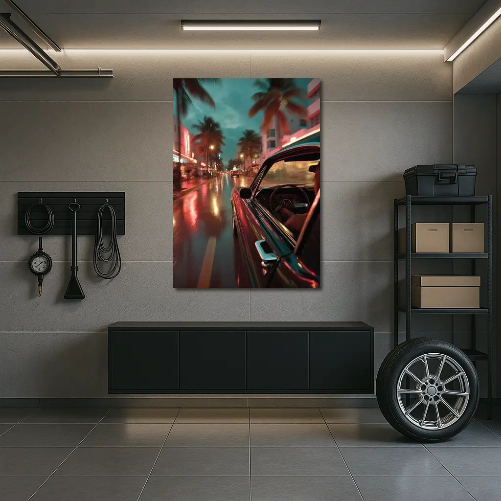 Classic Car Cruising Rainy Miami Night Street – Wall Art