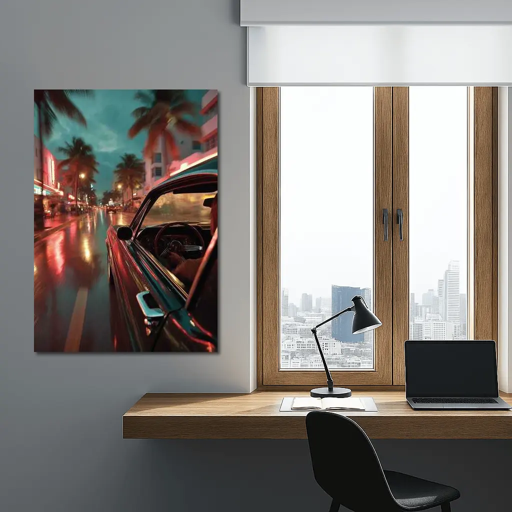 Classic Car Cruising Rainy Miami Night Street – Wall Art