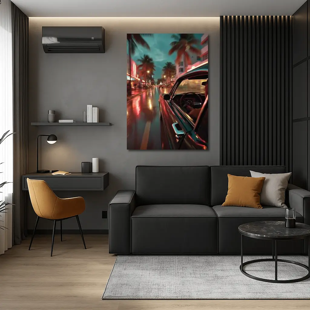 Classic Car Cruising Rainy Miami Night Street – Wall Art