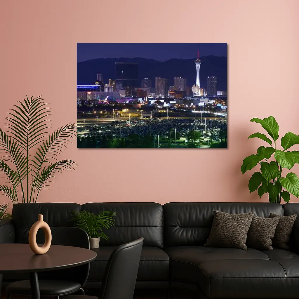 Las Vegas Skyline at Night Mountains Behind – Wall Art