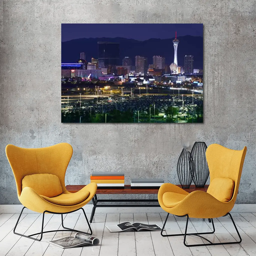 Las Vegas Skyline at Night Mountains Behind – Wall Art
