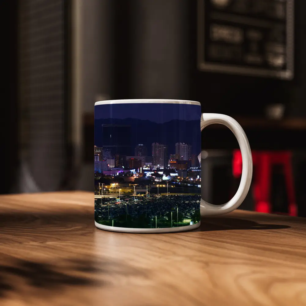 Las Vegas Skyline at Night Mountains Behind – Mugs