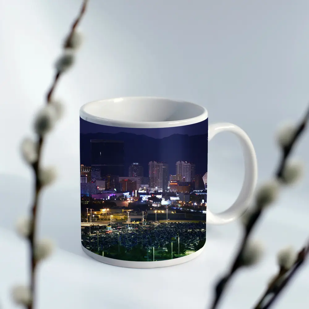 Las Vegas Skyline at Night Mountains Behind – Mugs
