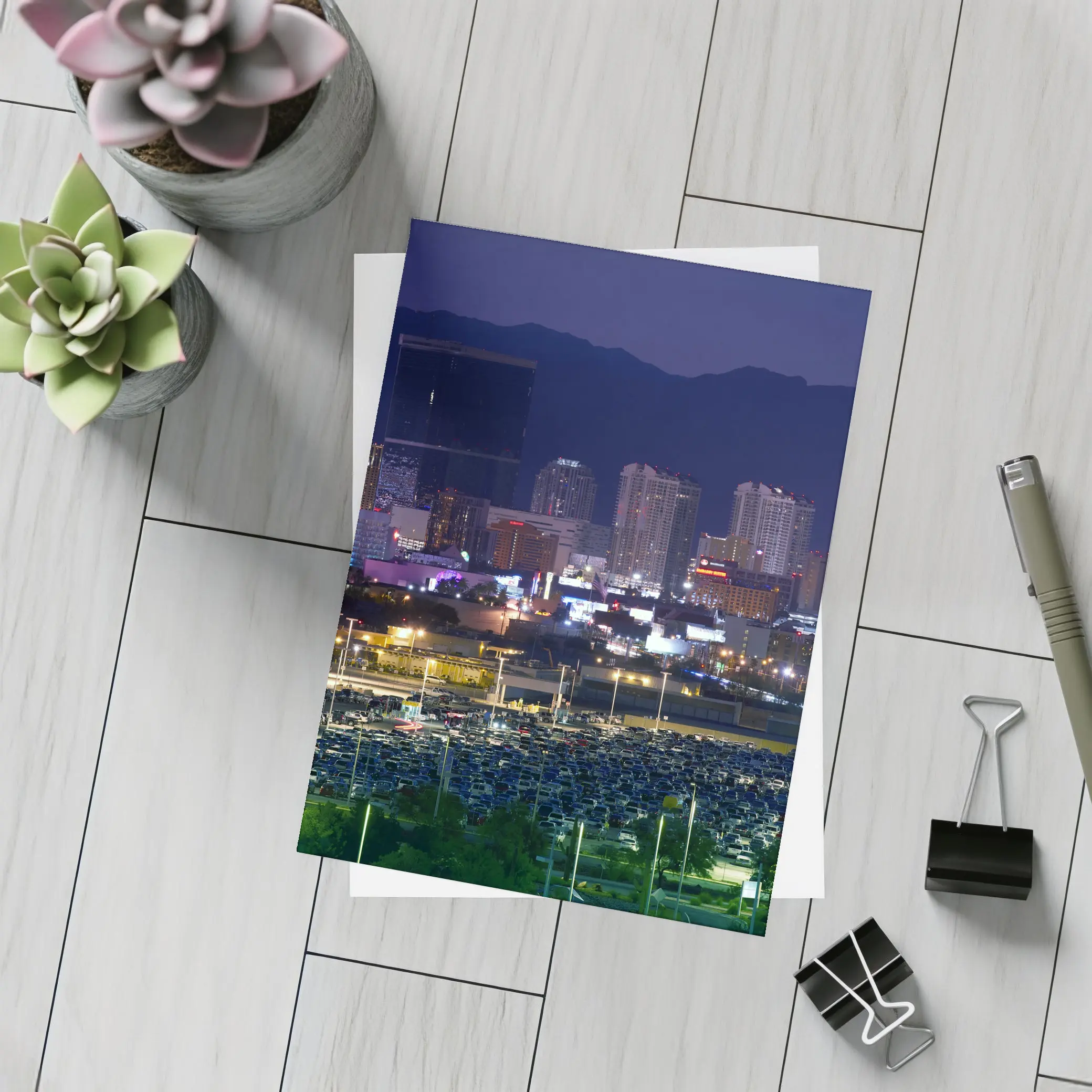 Las Vegas Skyline at Night Mountains Behind – Postcards