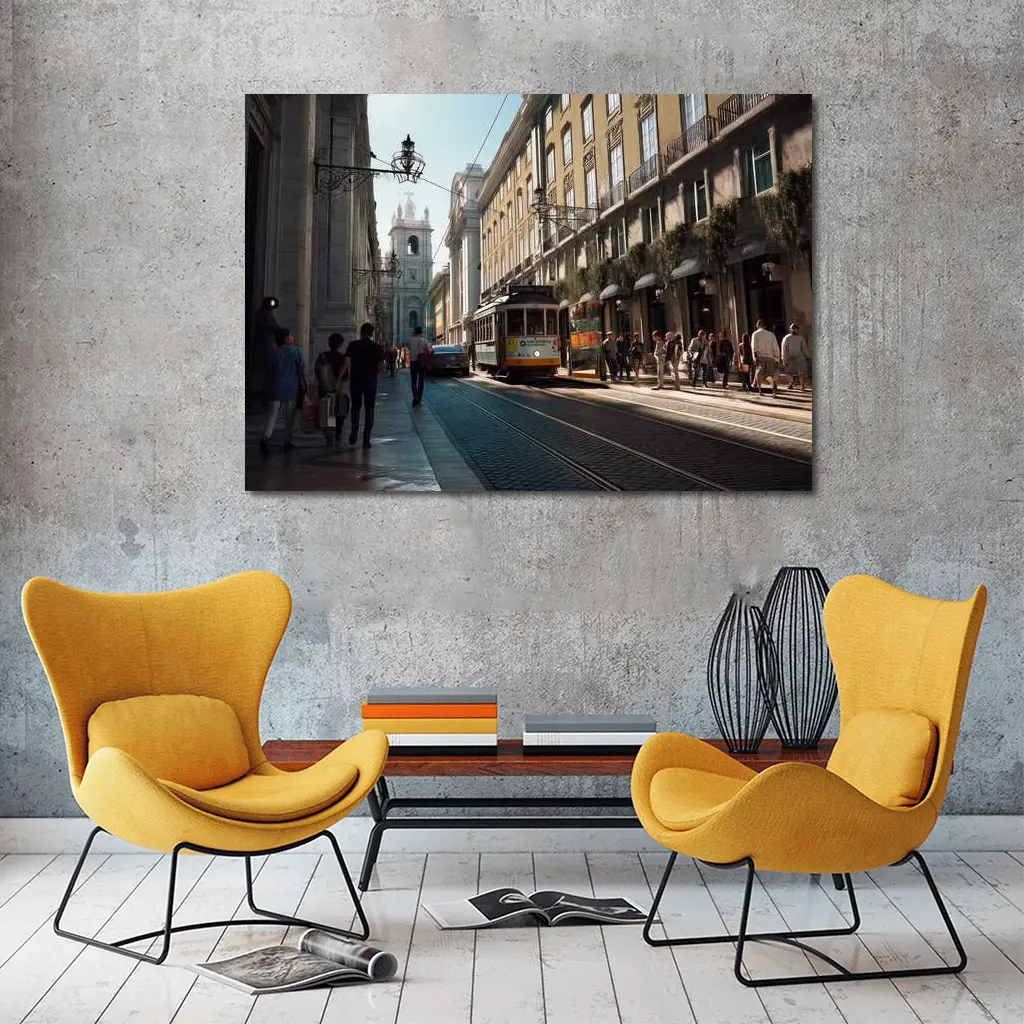 Lisbon Yellow Tram Busy City Street – Wall Art