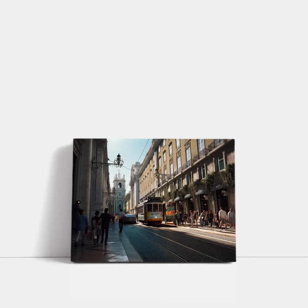Lisbon Yellow Tram Busy City Street – Wall Art