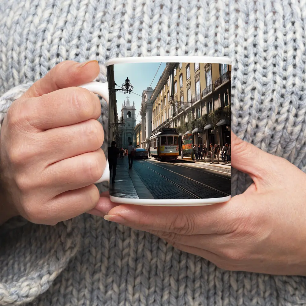 Lisbon Yellow Tram Busy City Street – Mugs