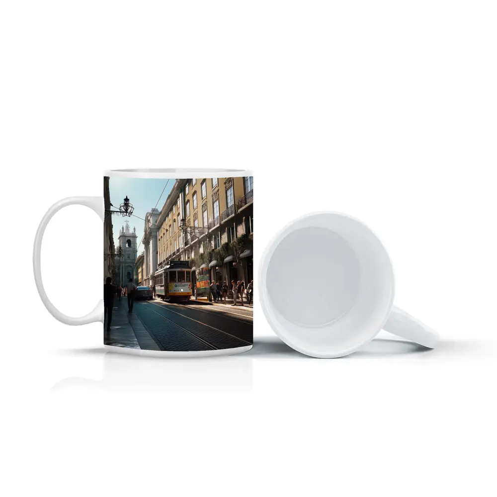 Lisbon Yellow Tram Busy City Street – Mugs