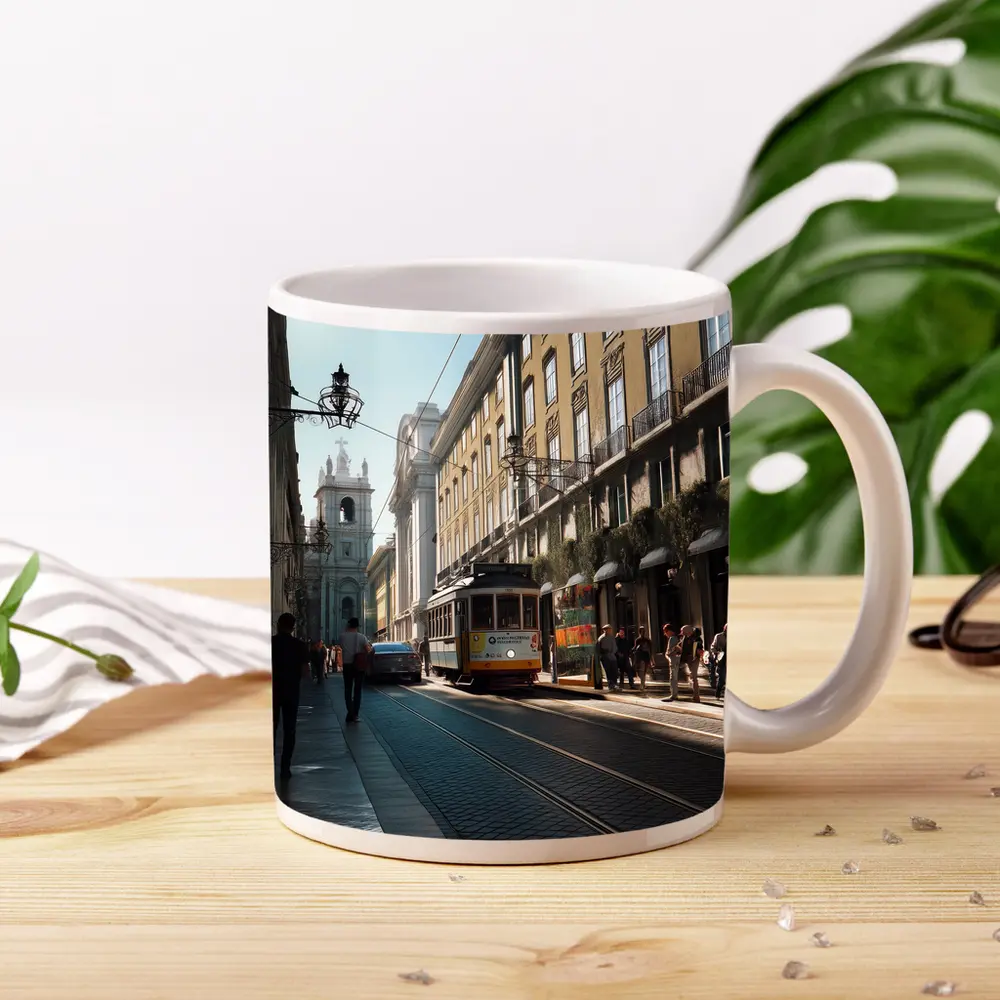Lisbon Yellow Tram Busy City Street – Mugs