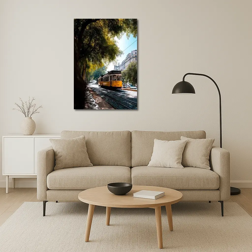 Yellow Tram on Cobblestone Lisbon Street – Wall Art