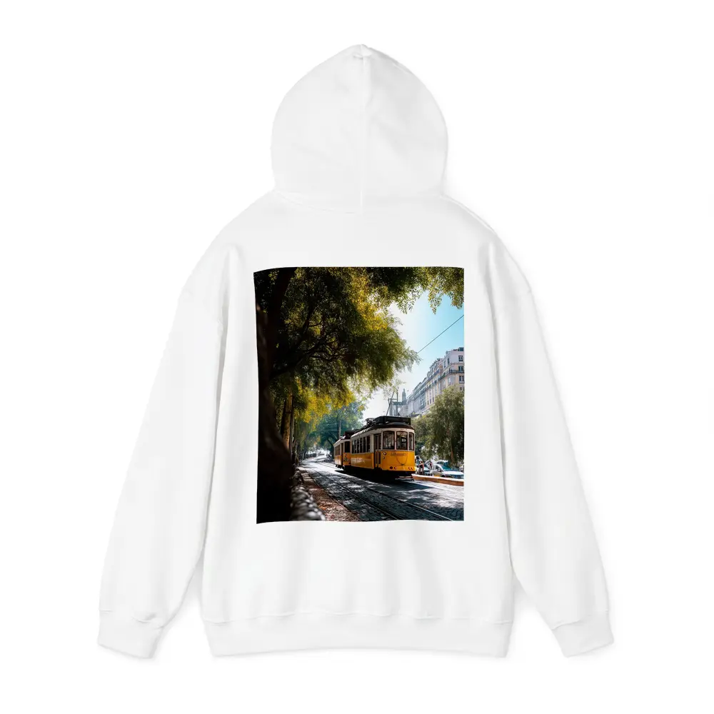 Yellow Tram on Cobblestone Lisbon Street – Hoodies