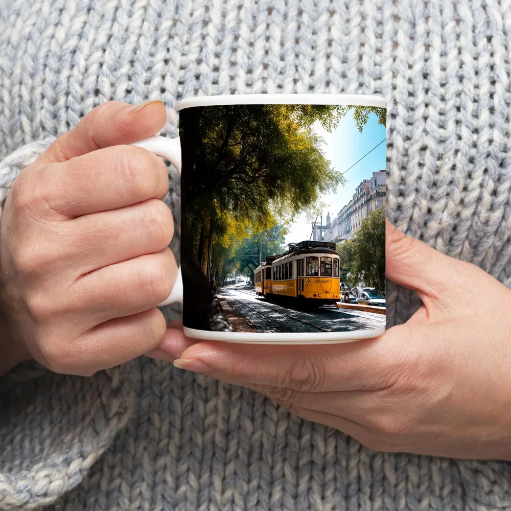 Yellow Tram on Cobblestone Lisbon Street – Mugs