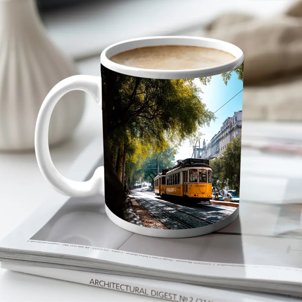 Yellow Tram on Cobblestone Lisbon Street – Mugs