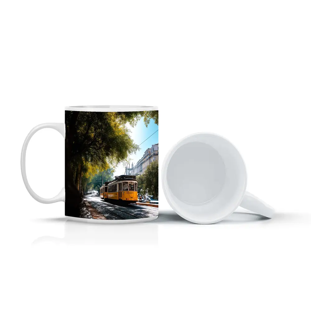 Yellow Tram on Cobblestone Lisbon Street – Mugs