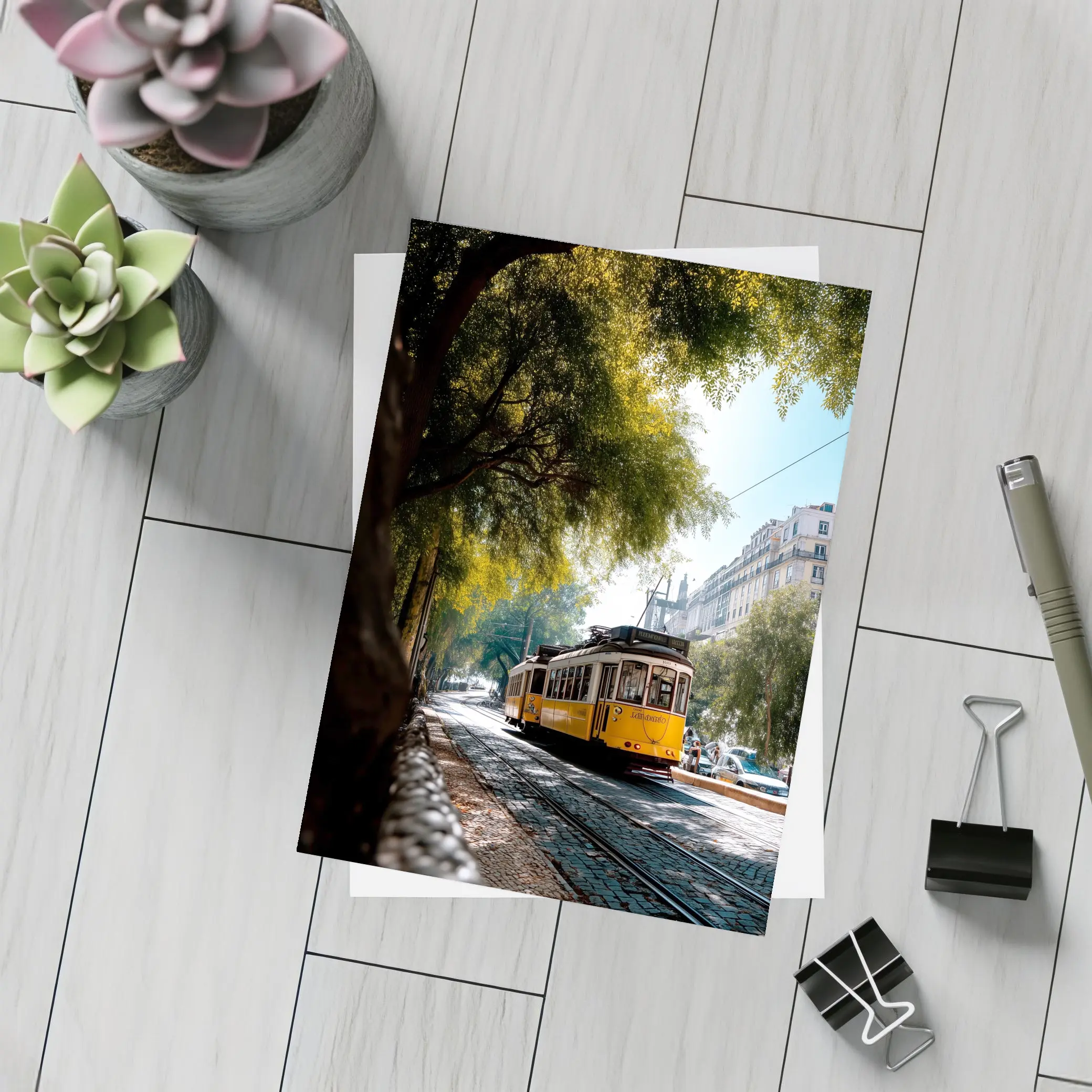 Yellow Tram on Cobblestone Lisbon Street – Postcards