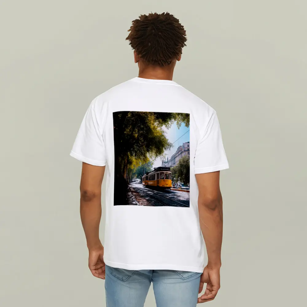 Yellow Tram on Cobblestone Lisbon Street – T-Shirts