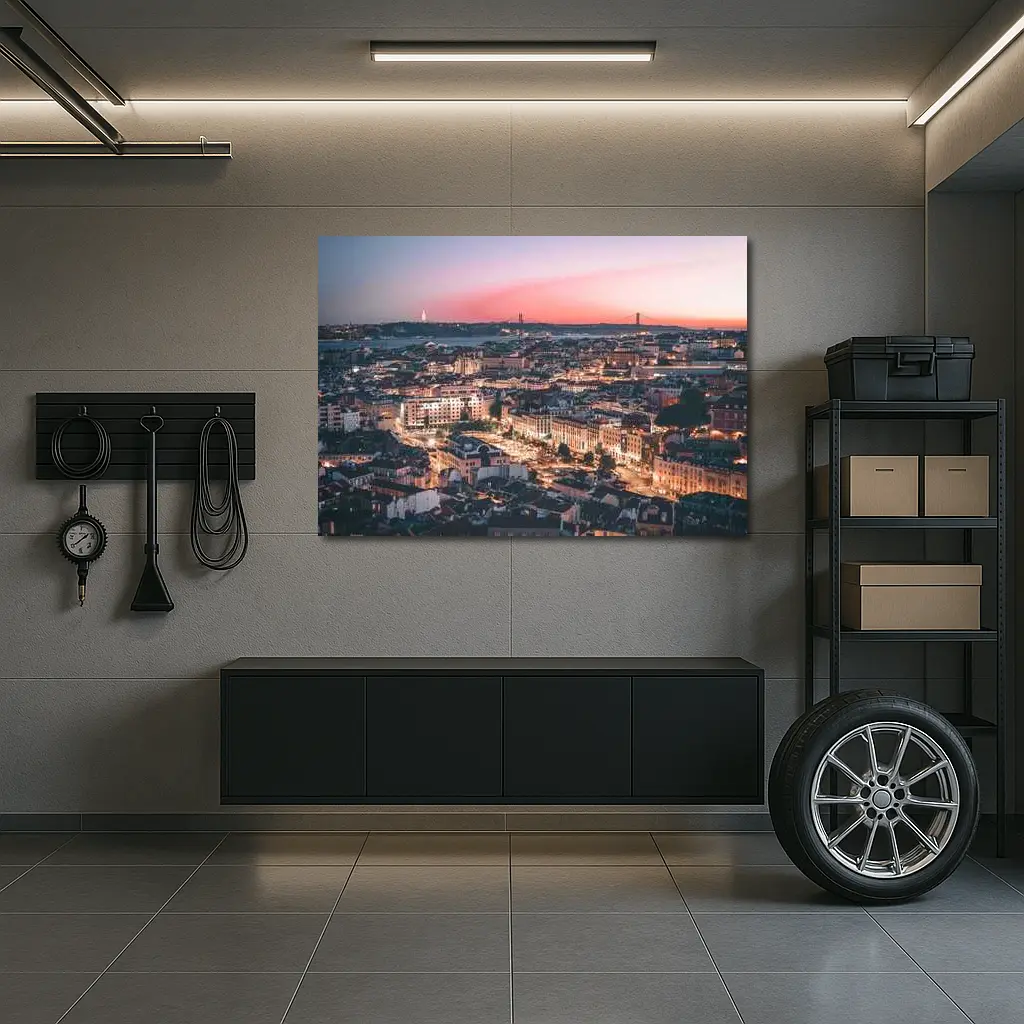 Lisbon City Skyline at Pink Sunset – Wall Art