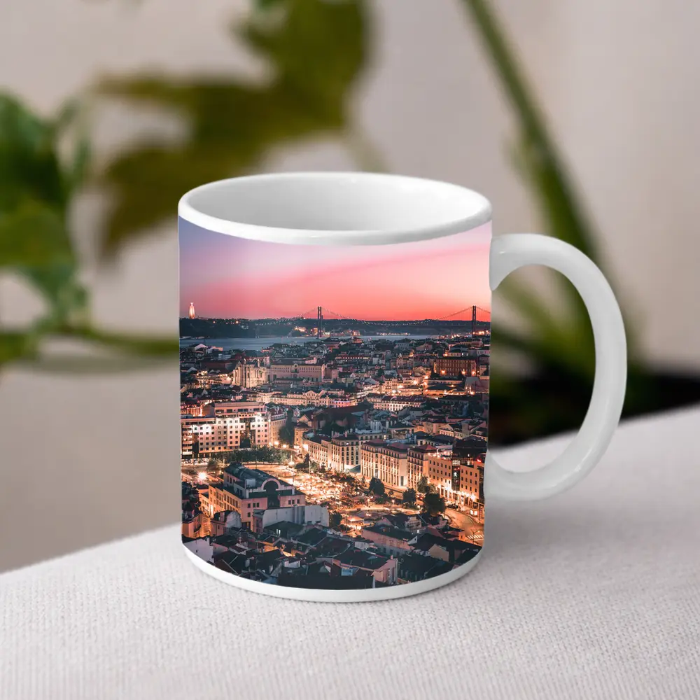 Lisbon City Skyline at Pink Sunset – Mugs
