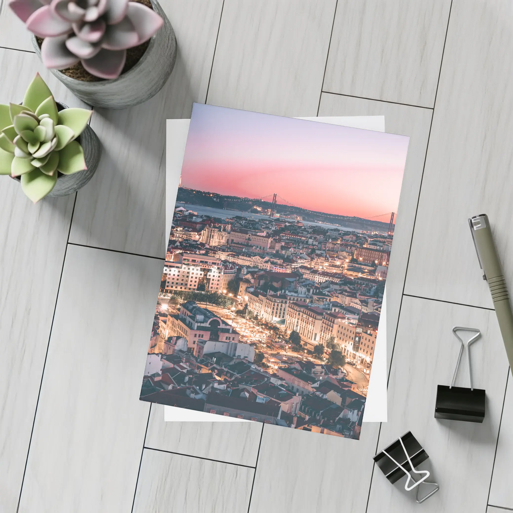 Lisbon City Skyline at Pink Sunset – Postcards