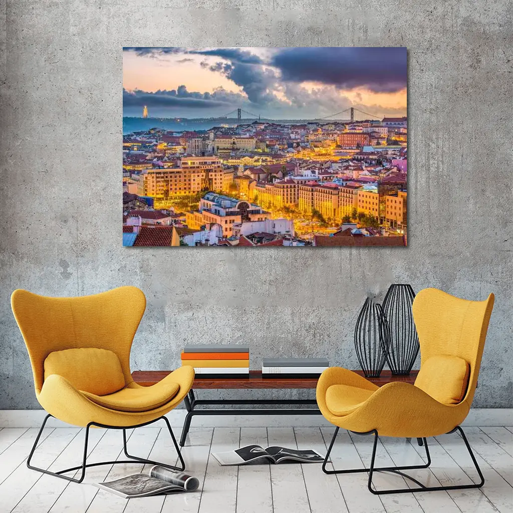 Lisbon Portugal City Skyline At Dusk – Wall Art