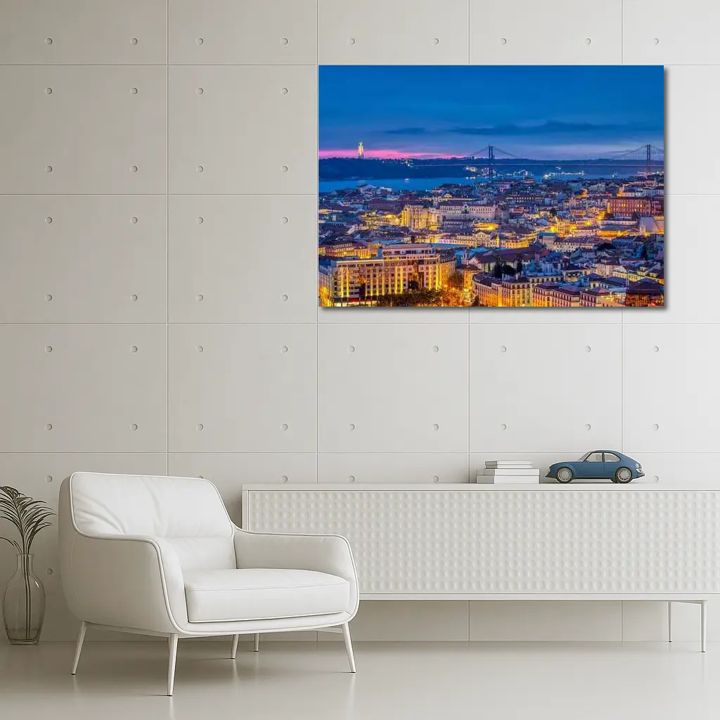 Lisbon City Skyline at Blue Hour Dusk – Wall Art