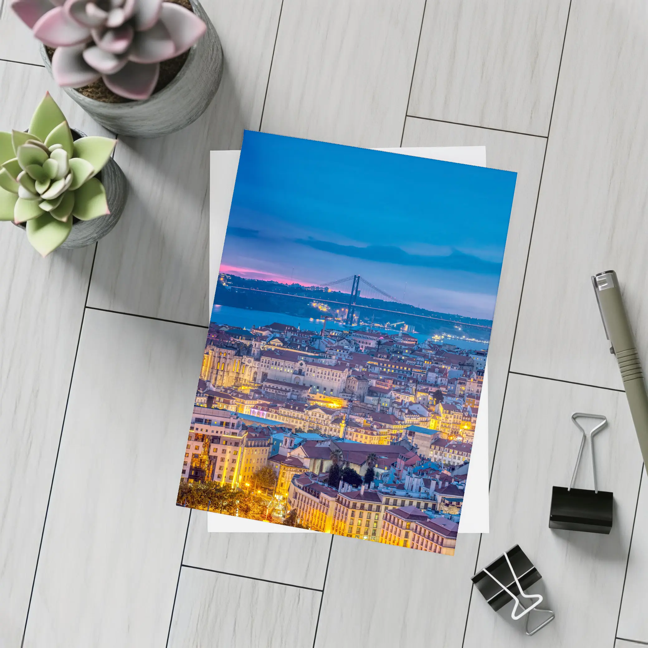 Lisbon City Skyline at Blue Hour Dusk – Postcards