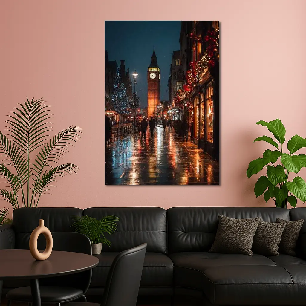 Big Ben London Christmas Night Rainy Street – Wall Art