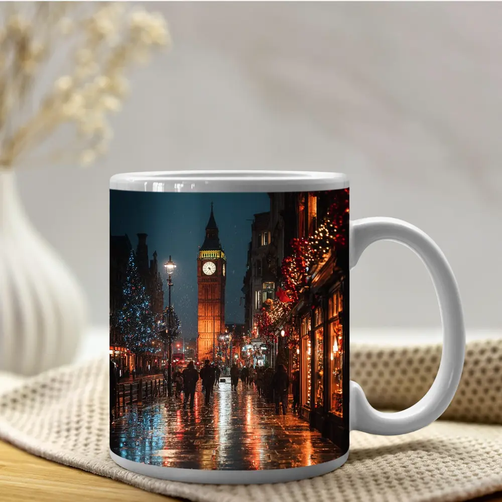 Big Ben London Christmas Night Rainy Street – Mugs