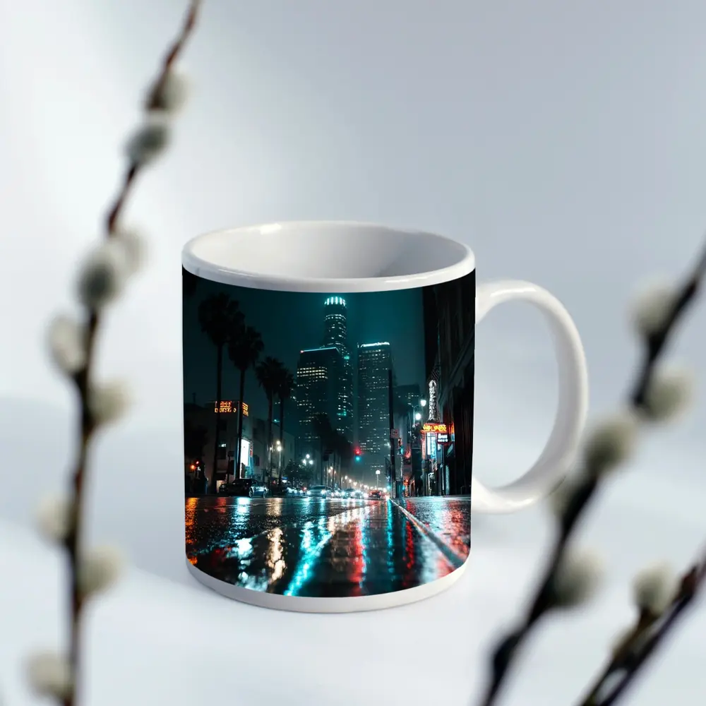 Los Angeles Downtown Rainy Night Street – Mugs
