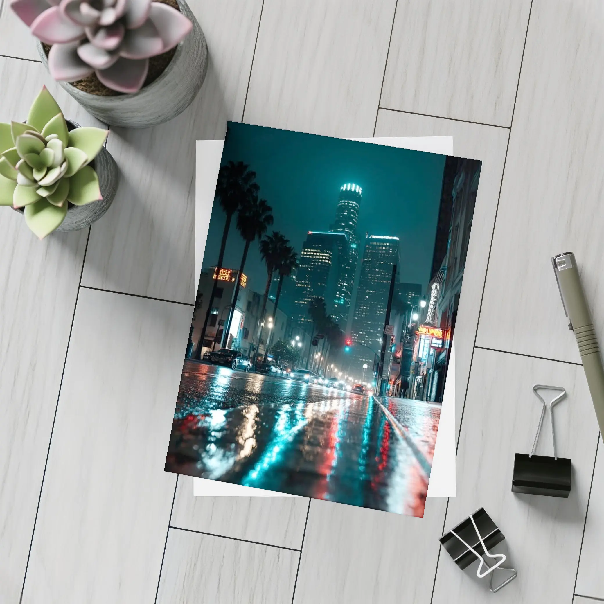 Los Angeles Downtown Rainy Night Street – Postcards