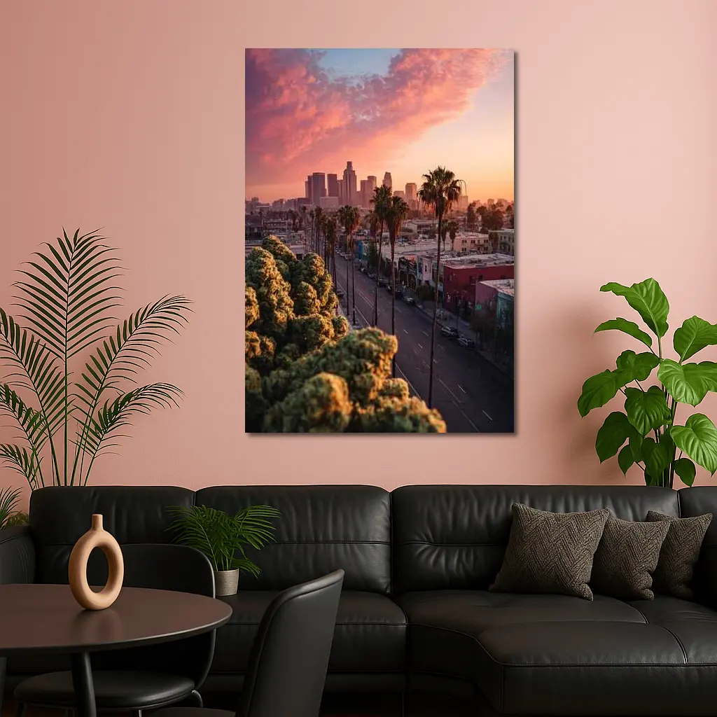 Los Angeles Downtown Skyline Sunset Palm Trees – Wall Art