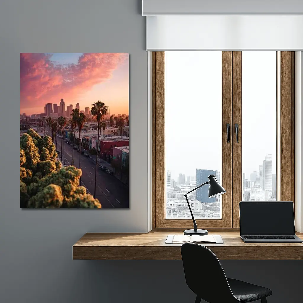 Los Angeles Downtown Skyline Sunset Palm Trees – Wall Art